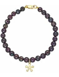Black Pearls bracelet with a dangling 14k Yellow gold diamond Flower charm