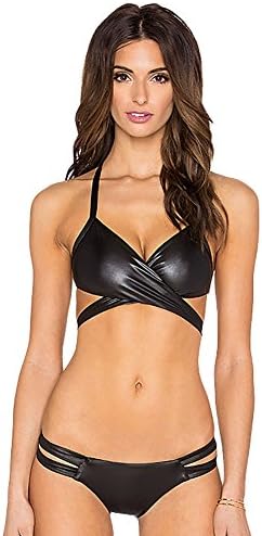 Taihexin Womens PU Leather Acrylic Sexy 2PCS Bikini Set Beachwear Black S