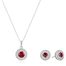 Rhodium Plated Sterling Silver Created Ruby and Created White Sapphire Double Halo Earrings and Pendant Necklace Jewelry Set