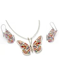 Silver Butterfly Necklace and Earring Set - Millefiori Flower Pendant Made of Polymer Clay - Insect Charms - Handmade Bridal Jewelry Set