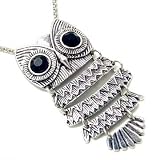 Unique ZAD Large Antique Silver Tone Owl with Black Eyes on Long 30