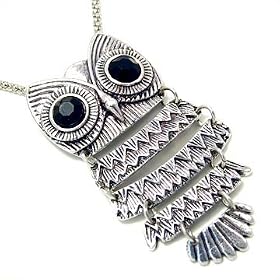 Unique ZAD X-Large Rose Antique Silver Tone Owl with Black Eyes on Long 30 Chain