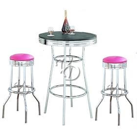 3pc Retro Style Chrome Finsih Bar Table w Rose Finsih Bar Stools by visiondecor Furniture