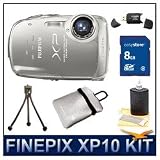 Fujifilm XP10 12 MP Digital Point and Shoot Camera (Silver), 5X Zoom Lens, 2.7 LCD, Water-Proof, Shock-Proof, Freeze-Proof, HD Video 720p w/Sound, Reversible Neoprene Case, 3pc. Lens Cleaning Kit, 8 GB Memory Card, Card Reader, & Tripod