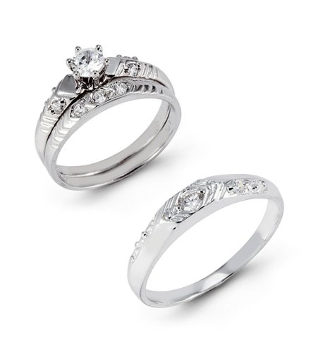 14k Ribbed White Gold Round CZ Stone Wedding Rings Set