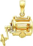 14K Two Tone Gold 3D Moveable Fishing Reel Pendant