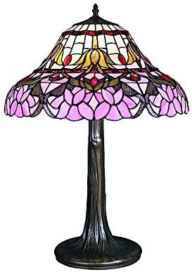 Lampsbuyer Small Size Tiffany Style Pink Snow- Lotus Table Lamp with Stained Glass Shade
