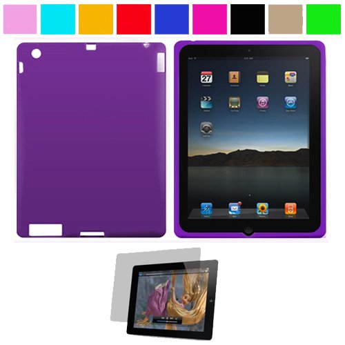 Premium Rubberized Protective Soft Silicone Skin Cover Case for Verizon Wireless New Apple iPad 2 (16GB, 32GB 64GB) 2nd Generation and AT&T Apple iPad 2nd Generation iPad 2 Wireless Tablet + Anti-Glare Clear Screen Protector for Apple iPad 2 Tablet, Purple
