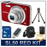 Samsung SL50 Digital Camera (Red), 10 MP, 27mm Lens w/ 5x Optical Zoom, 2.5 LCD, 640 x 480 @ 30fps Movies, Deluxe Carrying Case, 3pc. Lens Cleaning Kit, 4 GB Memory Card, Hi-Speed Card Reader, Mini Table-top Tripod
