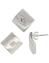 Sterling Silver Matte-finish Square-shaped Earrings (15mm tall) & Pendant Slide (15mm tall) Set, w/ Princess Cut CZ Stones