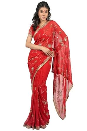 Discount Dresses : Red Embroidered Party and Festival Faux Georgette Saree For Sale Online