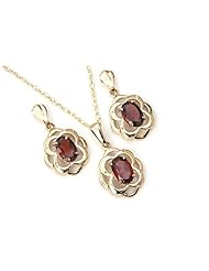 Peninsula Jewellery 9Ct Gold Garnet Celtic Pendant And Drop Earring Set