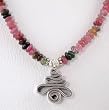 Pink and Green Tourmaline Gemstone Bead Necklace with Sterling Silver Swirl Pendant, 18" Long, #8973