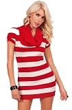 Chic Straight Cut Short Puff Sleeves Cowl Neck Soft Knitted Striped Print Sweater Mini Dress