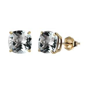 Checkerboard Cushion Aquamarine Gemstone Stud Earrings with 10k Yellow Gold