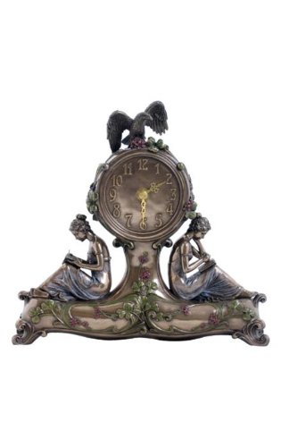 10.75 inch Art Nouveau Table Clock Bronzehue Nymph Eagle Clover Motif