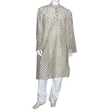 Mens Wedding Dress Woven Kurta Pajama Silk and Cotton Blend Long Loose Shirt and Trousers Expert Hand Stitch Size 2XL (pgkp007b)