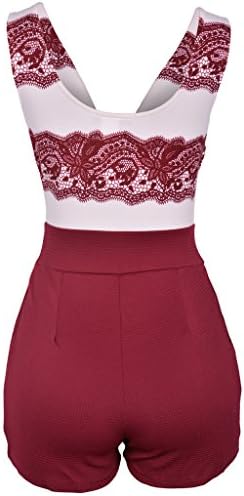 Women's V-Neck Floral Lace Print Sleeveless Short Pants Jumpsuit Romper Burgundy Medium