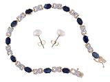 14K Yellow and White Gold Plated Sapphire and Diamond Tennis Bracelet with Free Earrings