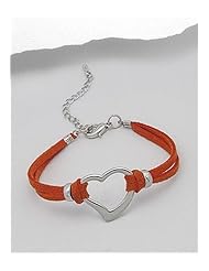 Orange Heart Artificial Suede Leather Bracelet In White Base