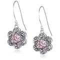 Sterling Silver Oxidized Marcasite and Swarovski Crystal Rose Wire Dangle Earrings