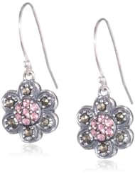 Sterling Silver Oxidized Marcasite and Swarovski Crystal Rose Wire Dangle Earrings