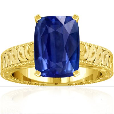 18K Yellow Gold Cushion Cut Blue Sapphire Fana Designer Ring