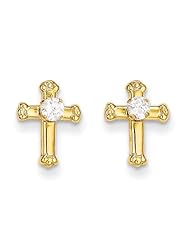 MadiK® Childrens 14k Yellow Gold Polished Religious Cross CZ Post Earrings
