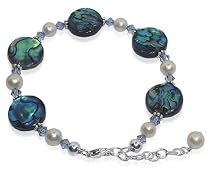 Blue Abalone Faux Pearls and Swarovski Crystal .925 Silver 7" to 8" Bracelet With Lobster Clasp