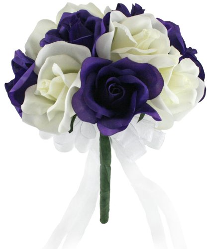Purple and Ivory Silk Rose Toss Bouquet - Bridal Wedding Bouquet
