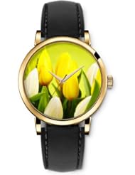 SPRAWL Aanalog Fashion Series Gold Ladies Watches of Genuine Black Leather Strap,Unique Wrist Watch for Women Girls Designed with yellow tulips