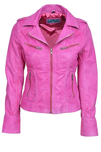 【ロンドン並行輸入】ラムレザー ダブルカラージャケット 100％本革高級仕上げFuchsia Tina