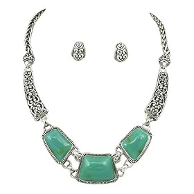 Three Turquoise Stone Decorative Silver Necklace Earrings Set Fashion Jewelry