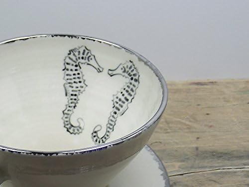Seahorse White &amp; Silver Porcelain Large Tea Cup &amp; Saucer