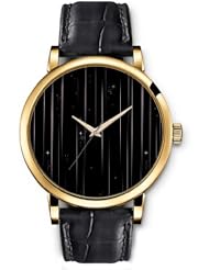 SPRAWL Aanalog Fashion Series Gold Ladies Watches of Genuine Black Leather Strap,Unique Wrist Watch for Women Girls Designed with Vertical lines and stars on black background
