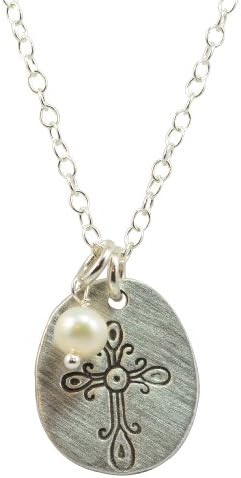 Vintage Pearl "Vintage Faith" Pewter Charm with Hand-Drawn Cross on Silver Chain with Fresh Water Pearl
