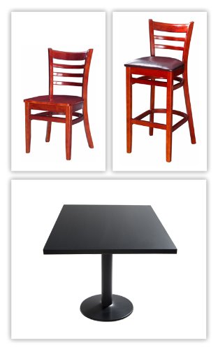 20 Wood Ladder Back Restaurant Chairs, 5 Matching Bar Stools & 8 Reversible Table Tops with Bases
