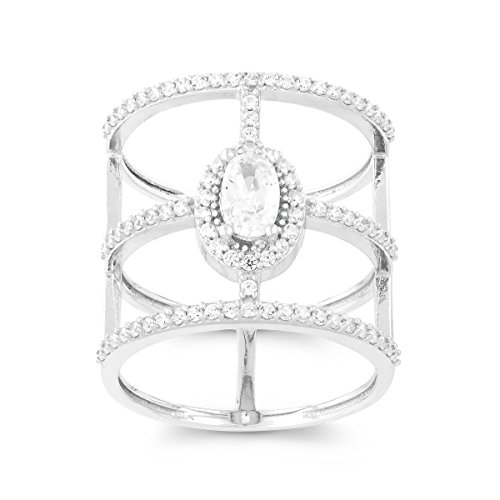 Sterling Silver CZ Oval & Bars Design Long Ring