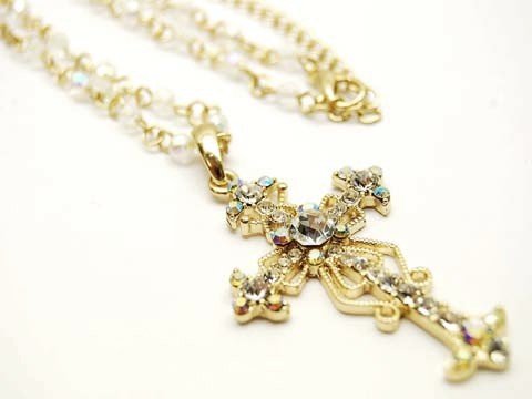Gorgeous Fancy Ice & Aurora Borealis Crystal Cross Pendant/Charm Necklace Gold Tone with a Fancy Beaded Chain ~ Comes Gift Boxed