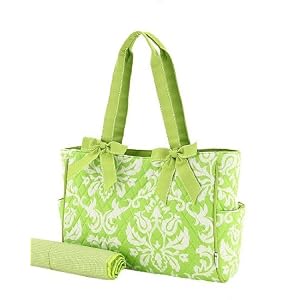 Quilted Damask Lime and White Diaper Tote with Matching Changing Pad