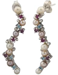 Sterling Silver Multi-Color Freshwater Cultured Pearl and Gemstones Wave Matte-Finish Stud Earrings