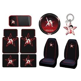Betty Boop Star 9pc Combo Set Front & Rear Floor Mats, Seat Covers, Steering Wheel Cover, CD Visor, Keychain Plus Bonus License Plate Frame