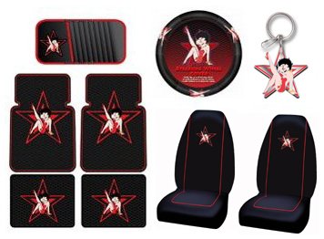 Betty Boop Star 9pc Combo Set Front & Rear Floor Mats  Seat Covers  Steering Wheel Cover  CD Visor & Keychain