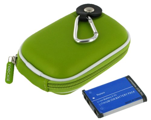 rooCASE 2n1 EVA Hard Shell (Green) Case with Memory Foam and Fuji NP-45 740mAh Li-Ion Battery for Fujifilm FinePix JV100 12 MP Digital Camera Black