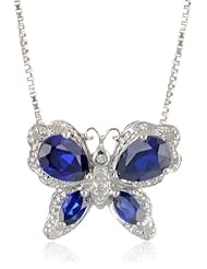 Sterling Silver Created Sapphire and Diamond Butterfly Pendant Necklace (0.05 cttw, I-J Color, I2-I3 Clarity), 18"