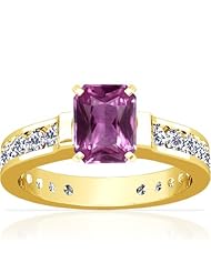 18K Yellow Gold Emerald Cut Pink Sapphire Ring With Sidestones