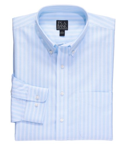 Traveler Long-Sleeve Buttondown Patterned Oxford Sportshirt (BLUE W/WHITE STR, MEDIUM)
