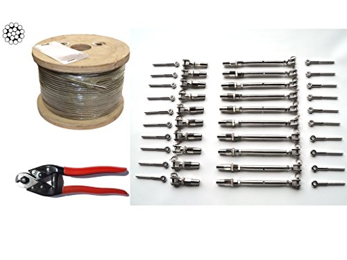 5/32 Cable Railing Kit 36"Stainless Steel 316 Cable 5/32 119 250 ft,Tensioner Quick Installation 316 SS 10-Pack,Welded Fork Swageless 10-Pack,Eye Terminal With Wood Screw 20-Pack
