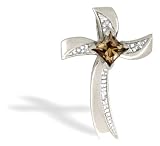 14K White Gold Genuine Square Smoky Quartz and Diamond Cross Pendant