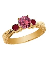 1.03 Ct Round Pink Diamond Red Ruby 925 Yellow Gold Plated Silver 3-Stone Ring